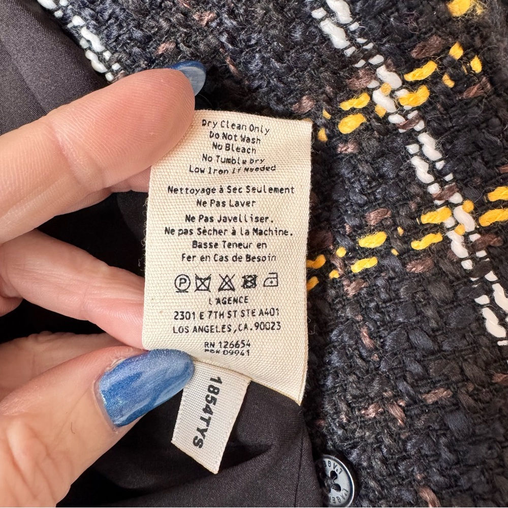 L’AGENCE Belmont Fringe Tweed Jacket Black Yellow Plaid Gold Buttons NWT Size 8 - Picture 12 of 16